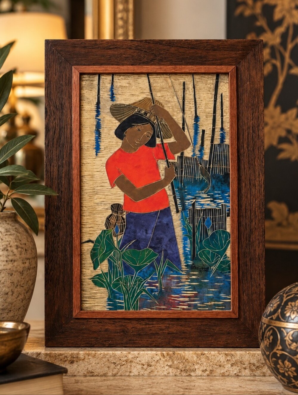 Vintage Signed Penchum Asian Folk Art Lotus Fisherman MCM Framed
